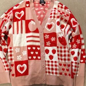 Hot Topic Pink and Red Heart Patchwork Cardigan